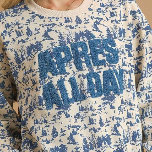 SOLD OUT ◇ Umgee "Apres All Day" Blue Cream Graphic Cropped Sweatshirt  Small - Picture 3 of 9